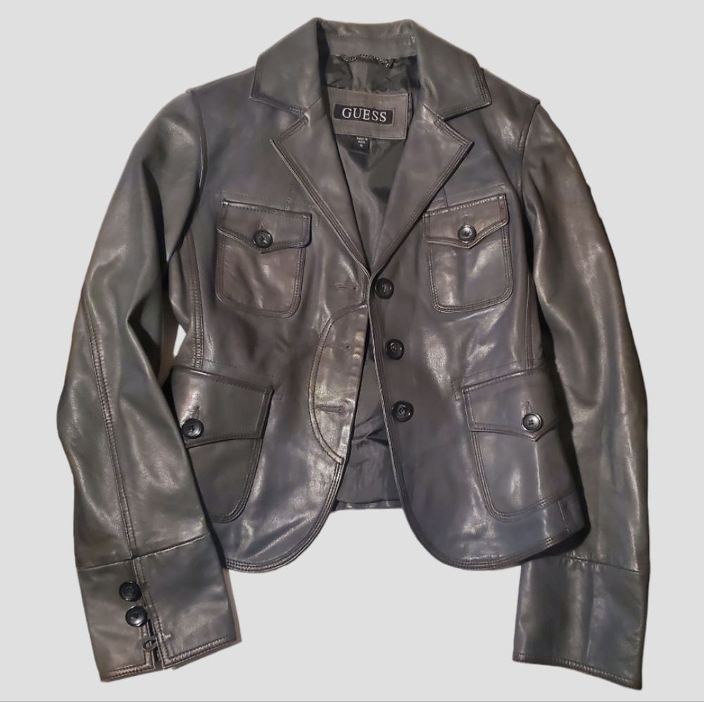 Guess Gradient Leather Gray Safari Jacket Soft Supple Military Blazer